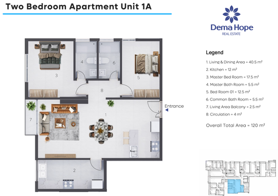 Floorplan for Unit 1A-2BR