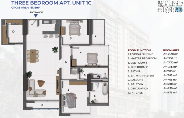 Floorplan for Unit 1C-3BR