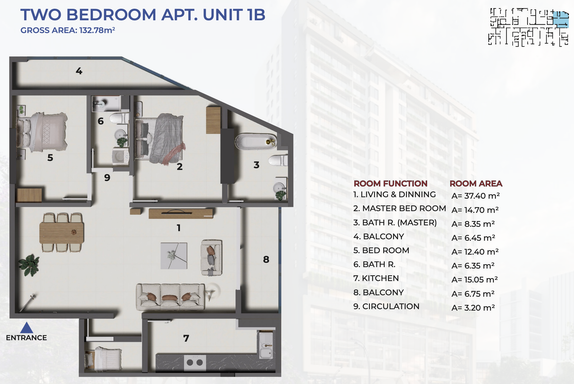 Floorplan for Unit 1B-2BR