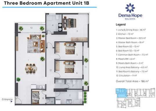 Floorplan for Unit 1B-3BR