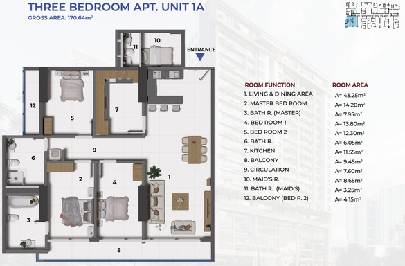 Floorplan for Unit 1A-3BR