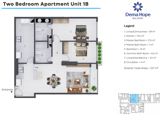 Floorplan for Unit 1B-2BR