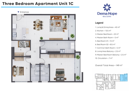 Floorplan for Unit 1C-3BR