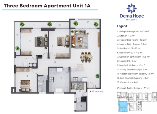 Floorplan for Unit 1A-3BR