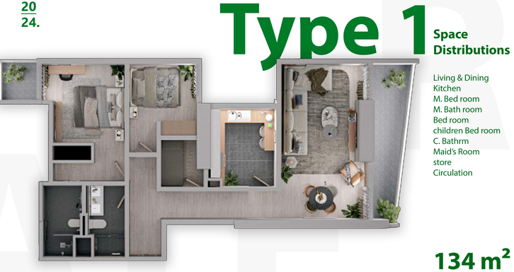 Floorplan for Unit 2BR-1