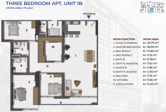 Floorplan for Unit 1B-3BR